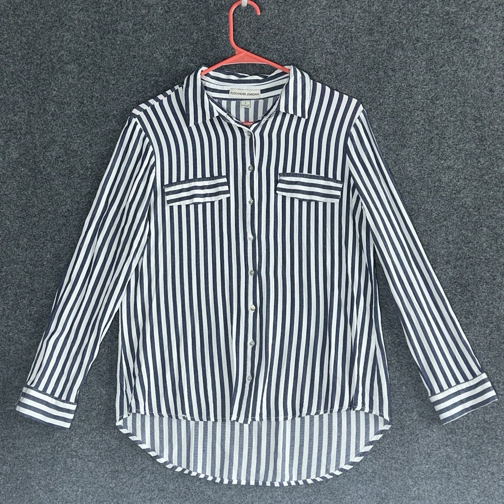 Alexander Jordan Blue & White Striped Button-Down‎ Rayon Blouse ~ Women's Size L
